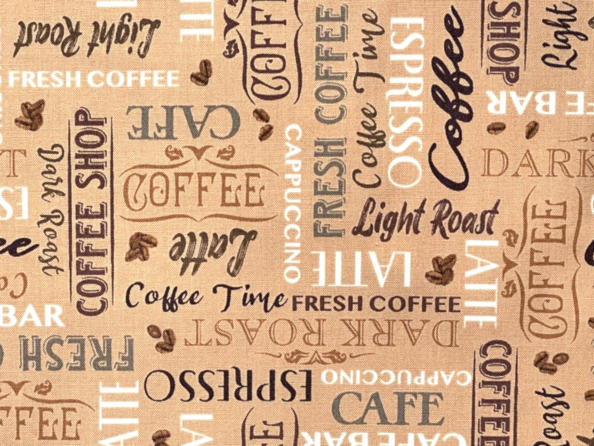 Close up of coffee sayings such as light roast, latte, fresh coffee, dark roast and more.