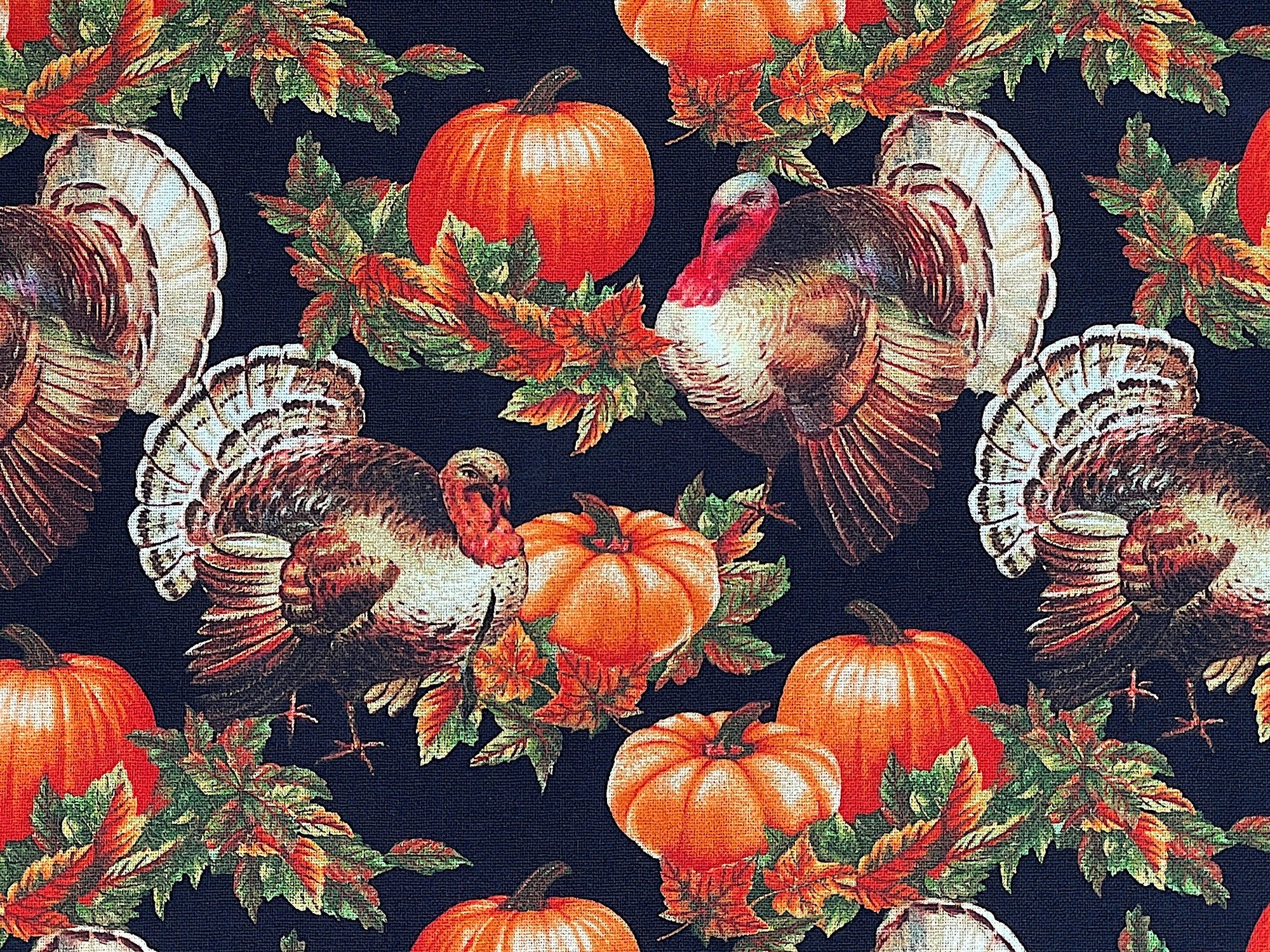 Close up of turkeys, pumpkins and fall leaves.