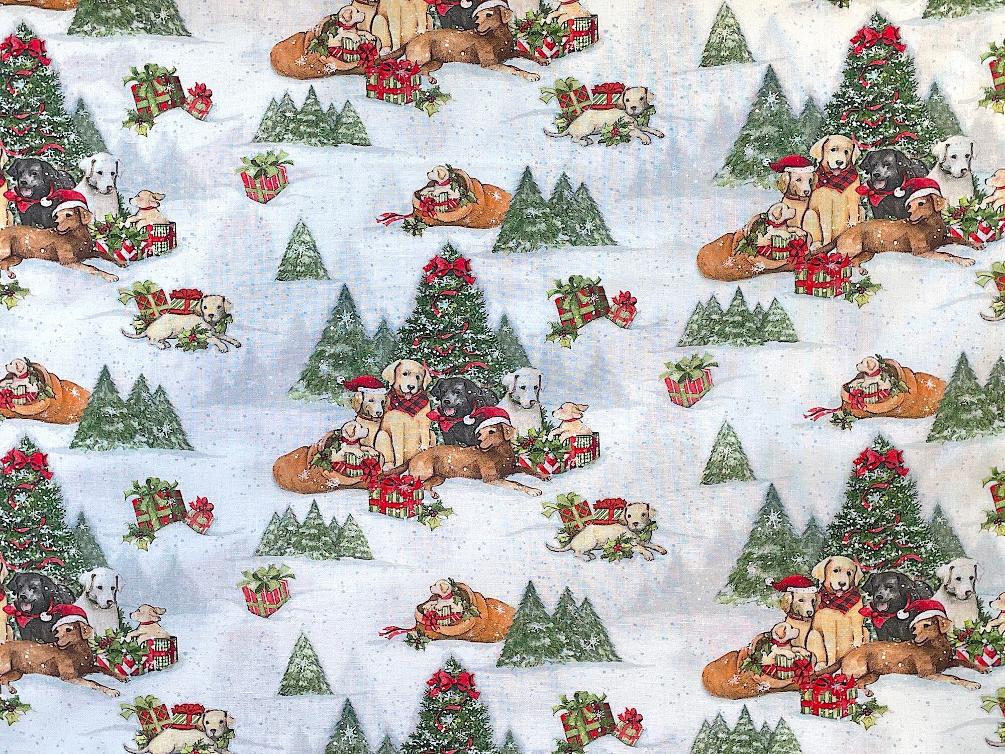This holiday fabric is covered with dogs wearing Christmas hats and scarves. some of the dogs are sitting by a Christmas tree while others are checking out the gifts. The background is snow covered.