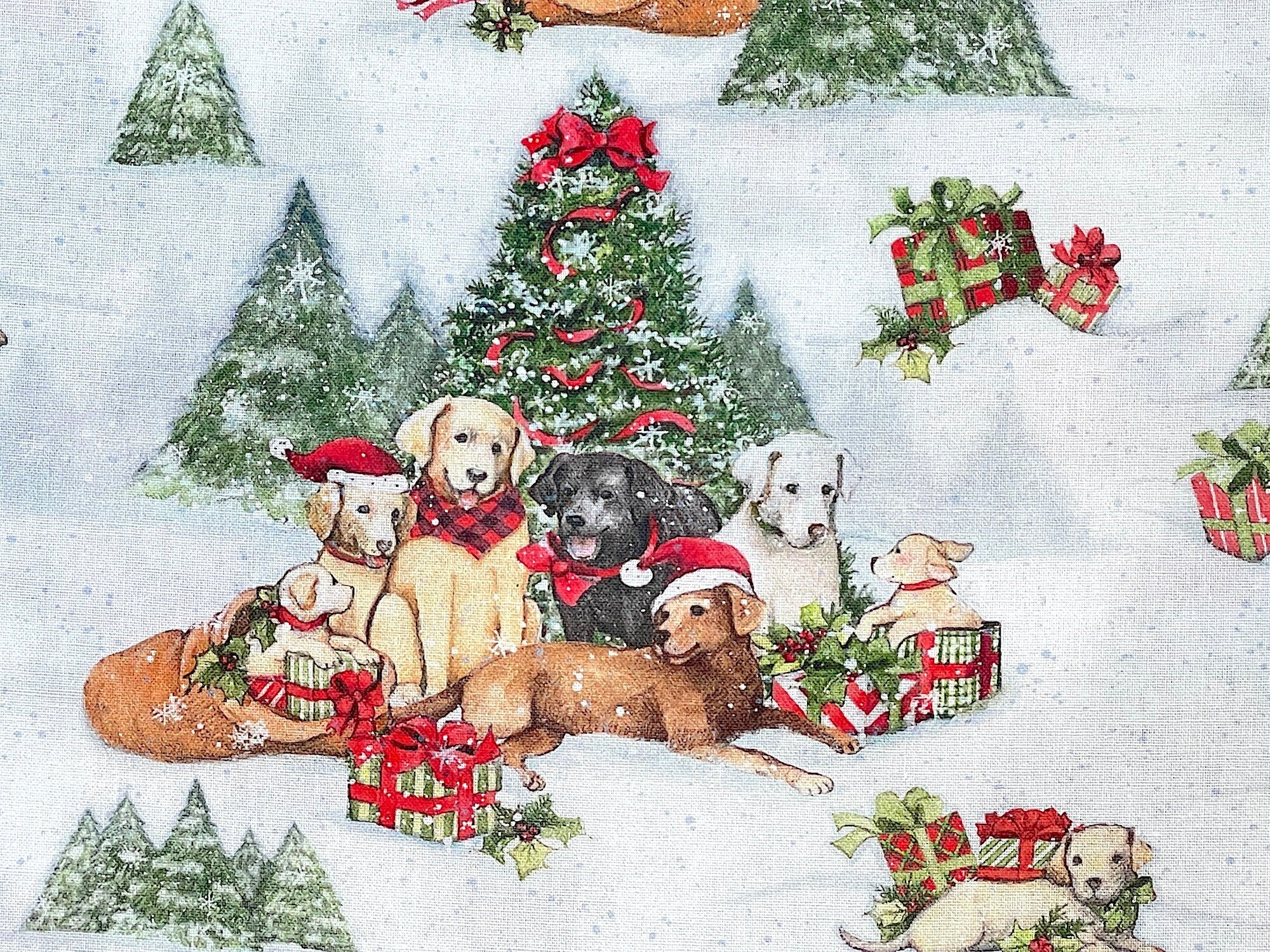 Close up of a group of dogs sitting and laying in front of a decorated tree.