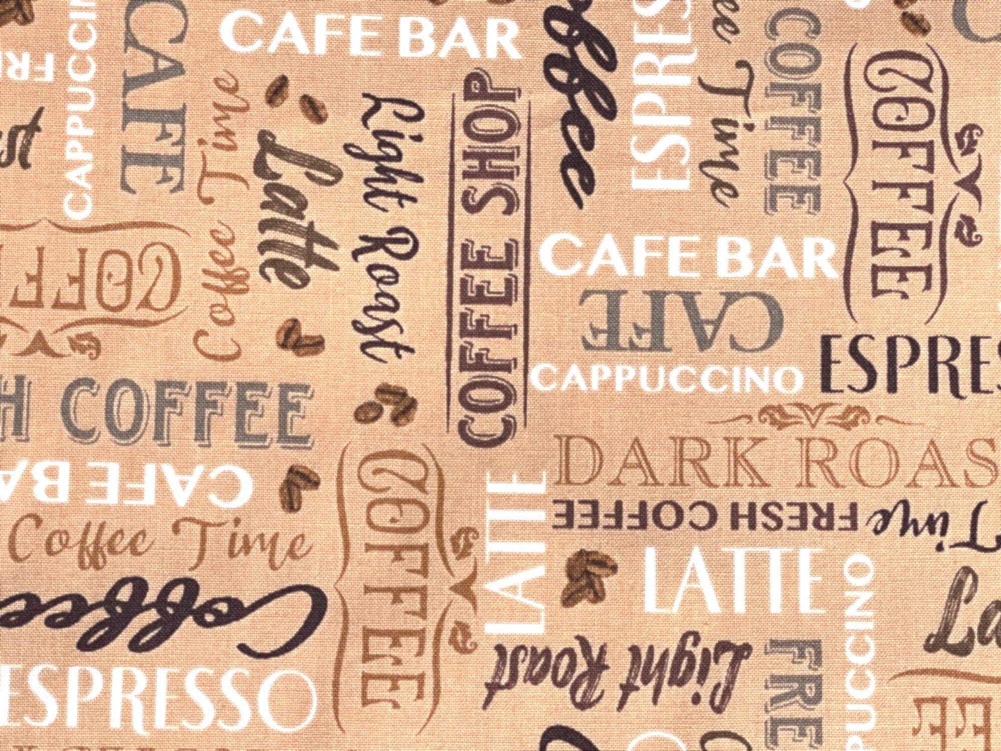 Close up of coffee sayings such as cafe bar, light roast, latte and coffee beans.