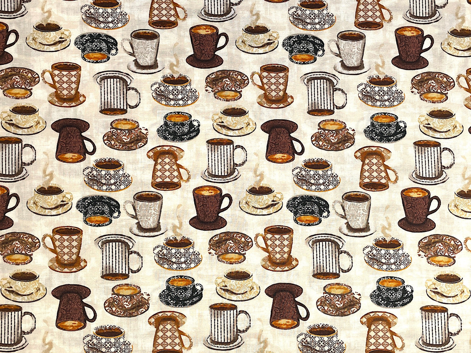This fabric is part of the Coffee Connoisseur collection by Jean Plout. This cream fabric is covered with coffee cups and mugs filled with coffee sitting on saucers.