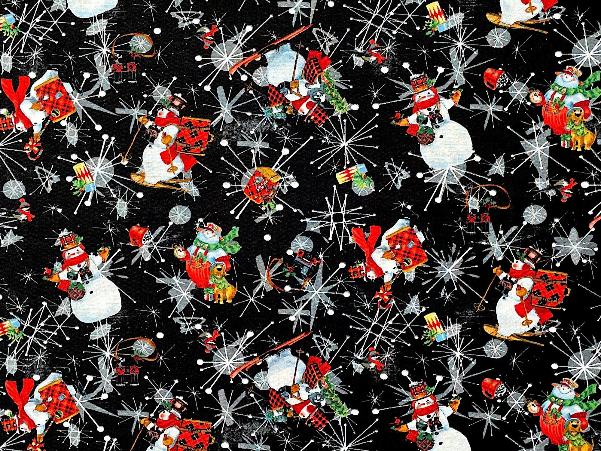 This black fabric is covered with snowmen and dogs. This fabric by Geoff Allen and is part of the Snow Dog Express collection. The snowmen are either skiing or snow shoeing or are by dogs.