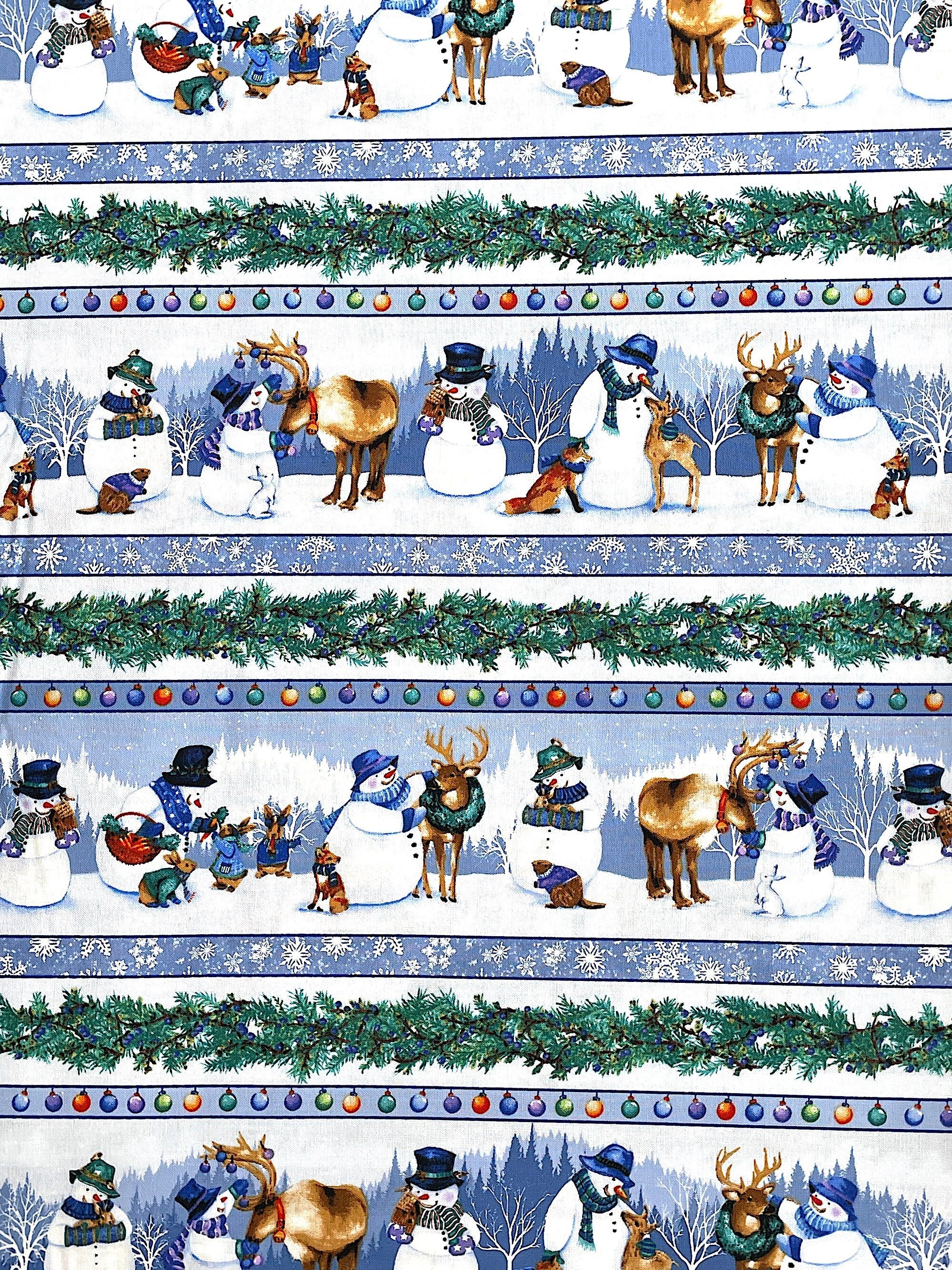 This fabric has stripes of snowflakes, Christmas ornaments, garland and snowman with wildlife.