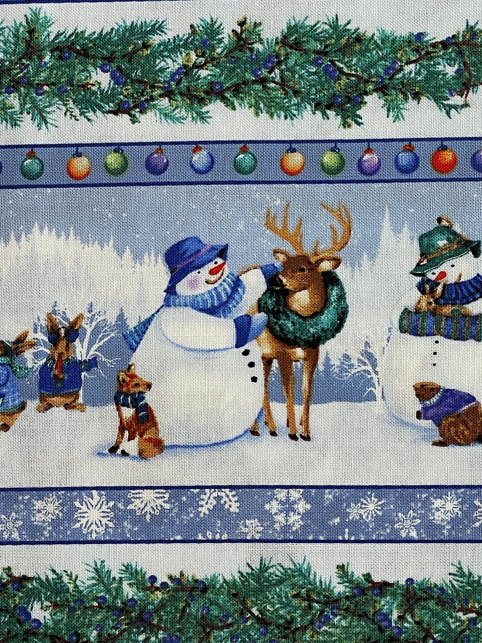 Close up of a snowman putting a wreath around a reindeers neck.
