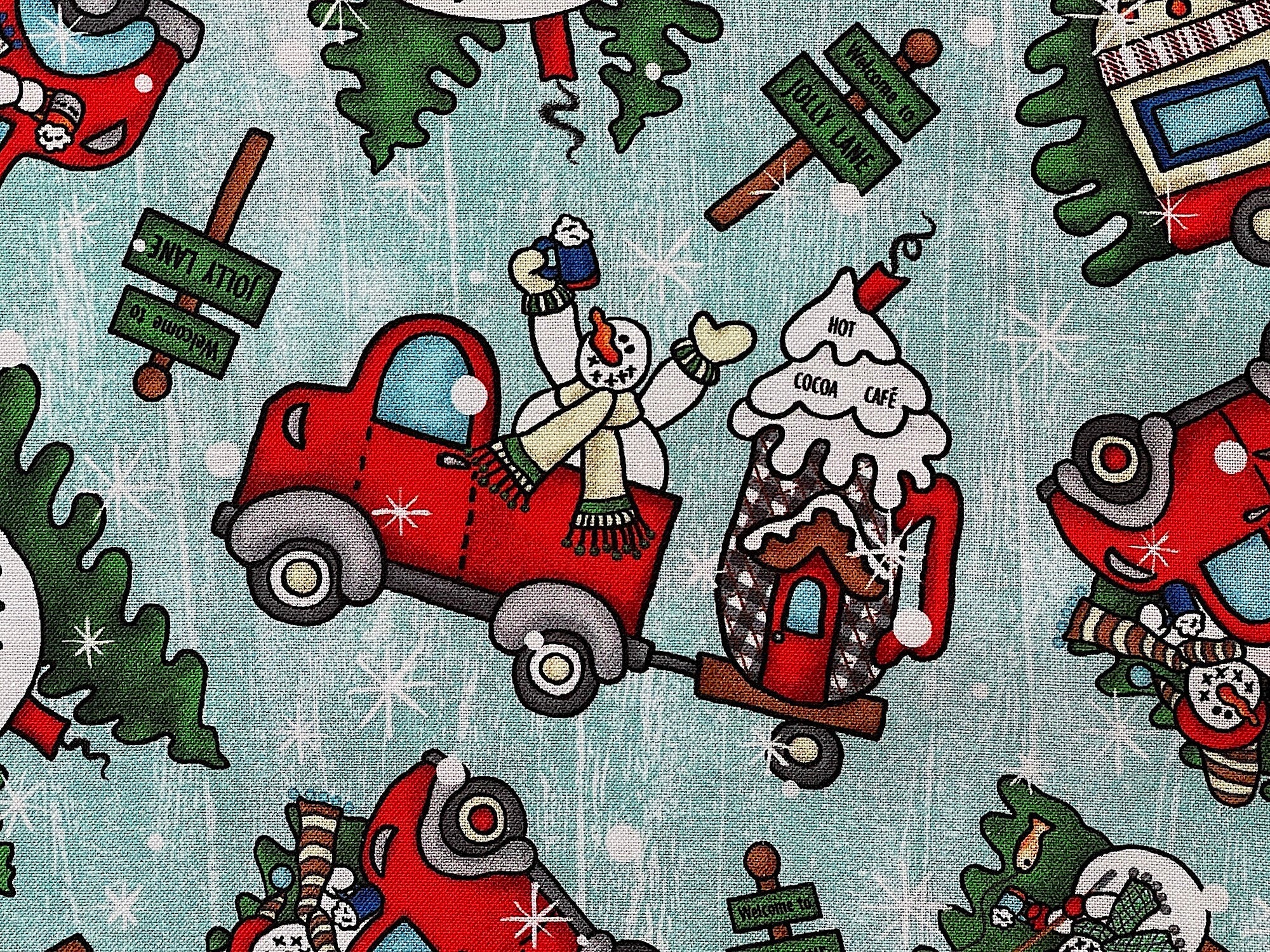 Close up of a snowman in the back of a red truck holding some cocoa. The truck is pulling a giant cup of cocoa.