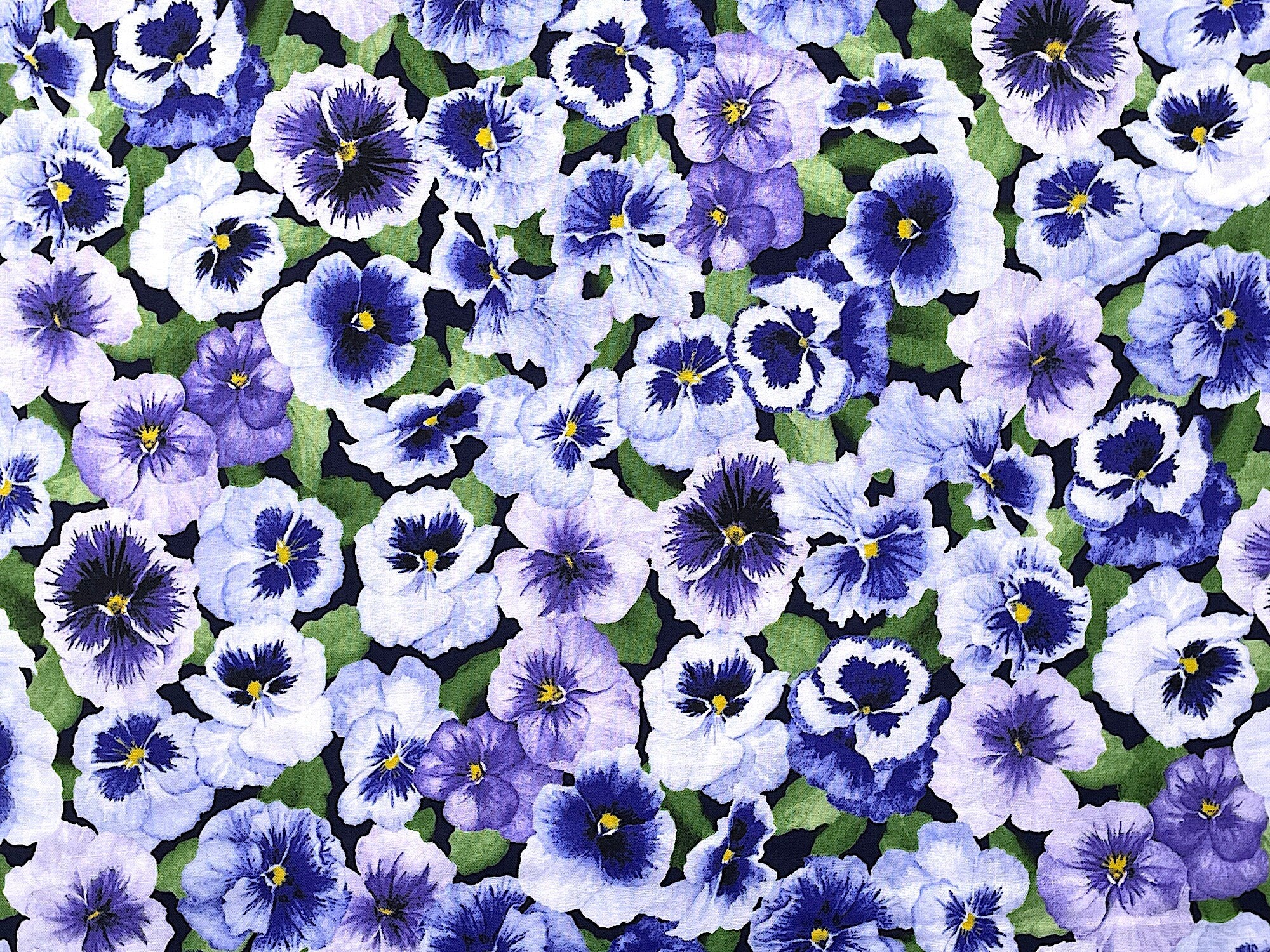 This cotton fabric is covered with purple pansies and green leaves. The pansies have several shades of purple.