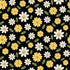 This black cotton fabric is part of the Bee You collection by Shelley Comisky and is covered with yellow and white daisies and green leaves.