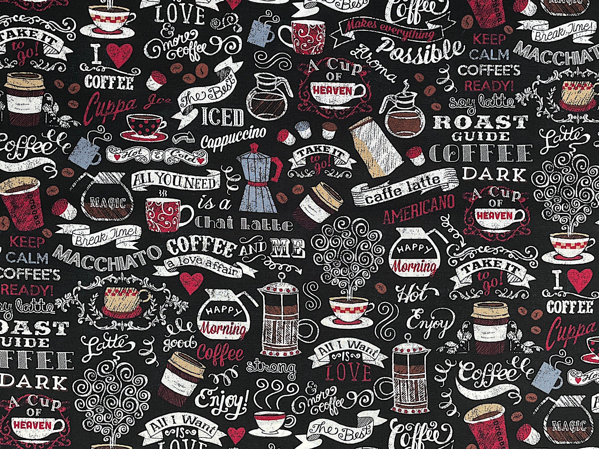 Coffee sayings such as happy morning, roast, latte, strong, americano and more are printed on this fabric. You will also find coffee cups and coffee pots on this black fabric.