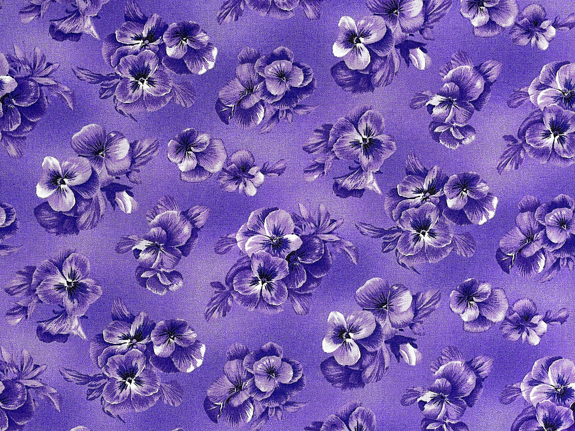 This purple cotton fabric is covered with purple and white pansies. This fabric is part of the Flowerhouse Brightly So collection by Debbie Beaves.