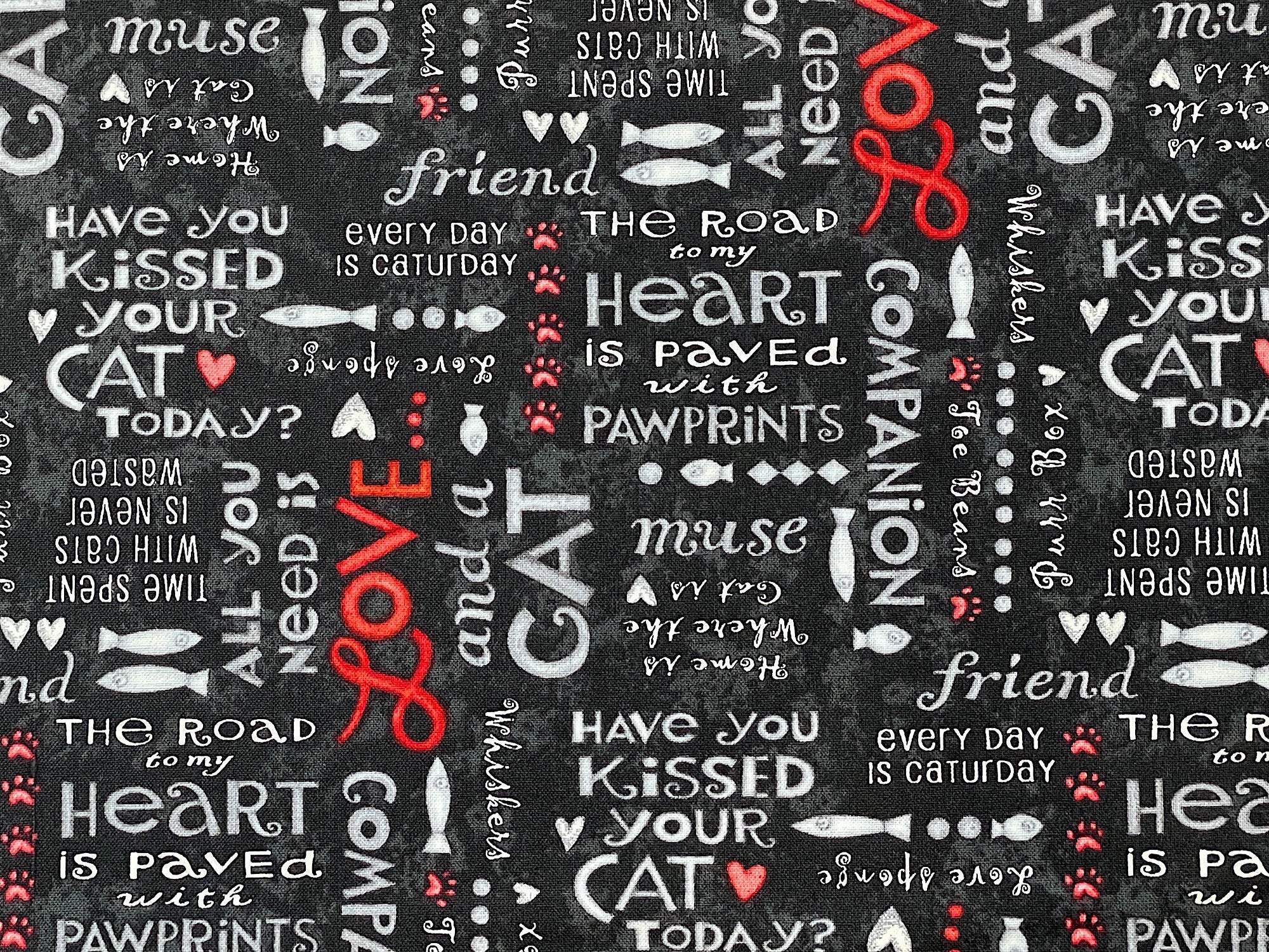 Close up of cat sayings such as companion, muse, the road to my heart is paved with pawprints and more.