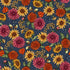 This dark navy blue fabric is covered with flowers. The flowers are yellow, pink, orange and blue.