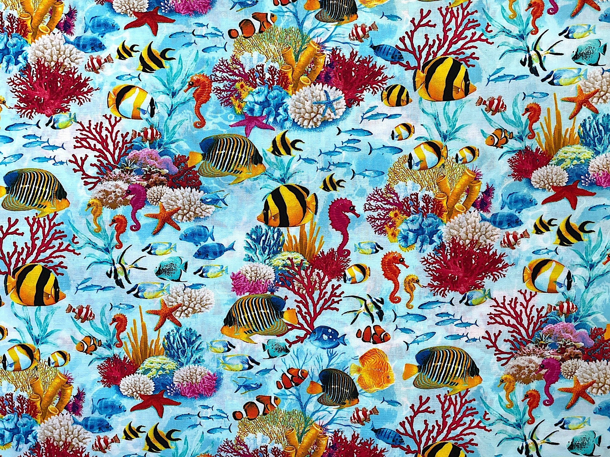 This fish fabric is called Under the Sea Creatures and is covered with fish, sea horses, coral, saltwater plants and starfish. The fish are yellow, black, blue, black and turquoise.