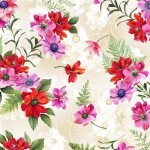 This cotton fabric is covered with green ferns and flowers that are shades of red and pink. The background is light cream/beige. This fabric by Michael Miller is part of the Floral Fantasy collection.