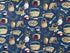 This blue fabric is covered with pies, baskets, jars of jelly, spoons, server, silverware, strawberries and leaves, blueberries, raspberries and blackberries. This fabric is part of the Homemade Happiness collection by Silva Vassileva