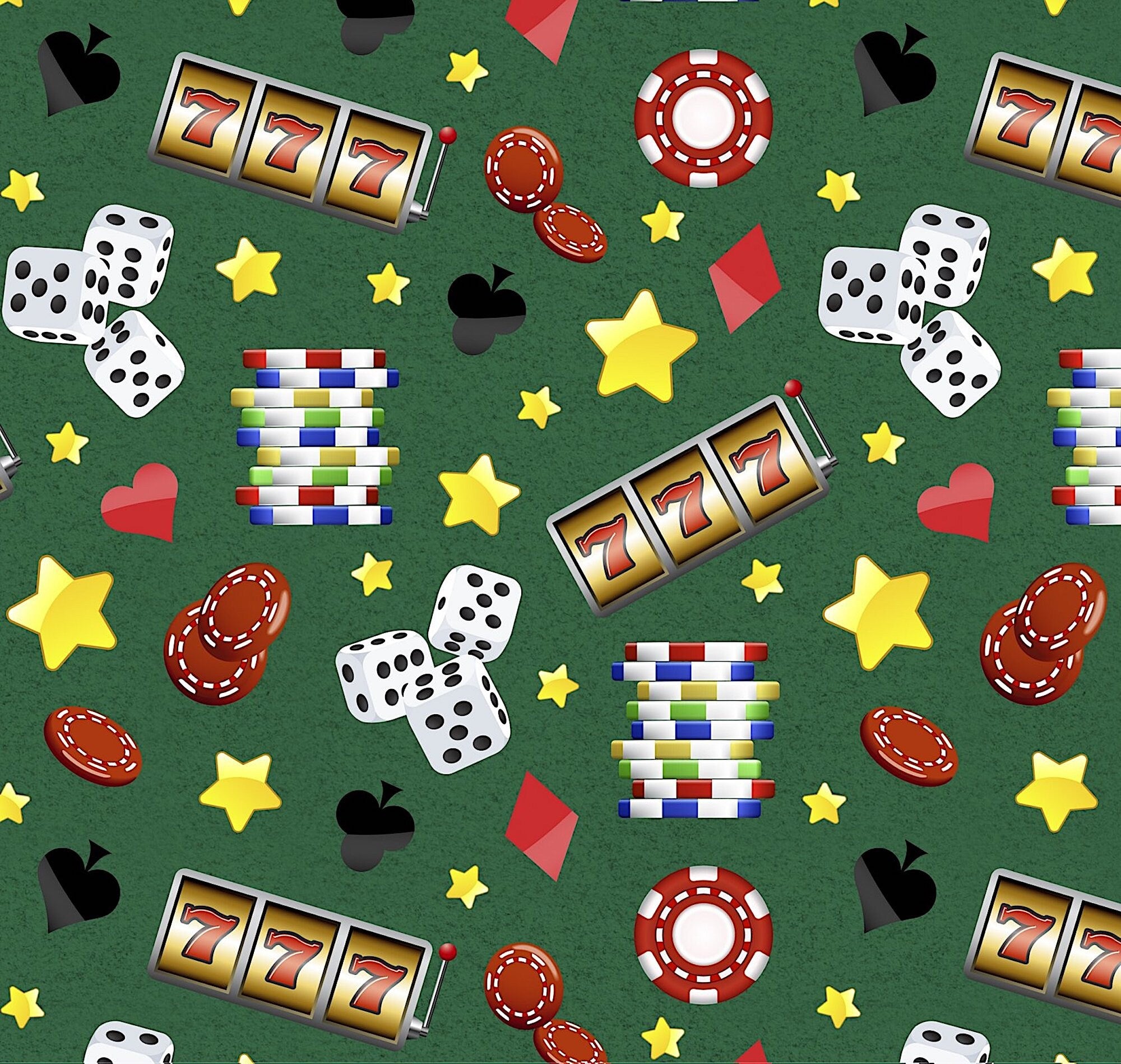 Green cotton fabric covered with casino items such as chips, dice, hearts, stars and more.