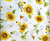 This fabric is part of the Sunflower Fields collection by P&B Textiles. This white fabric is covered with sunflowers, bees, butterflies and yellow birds