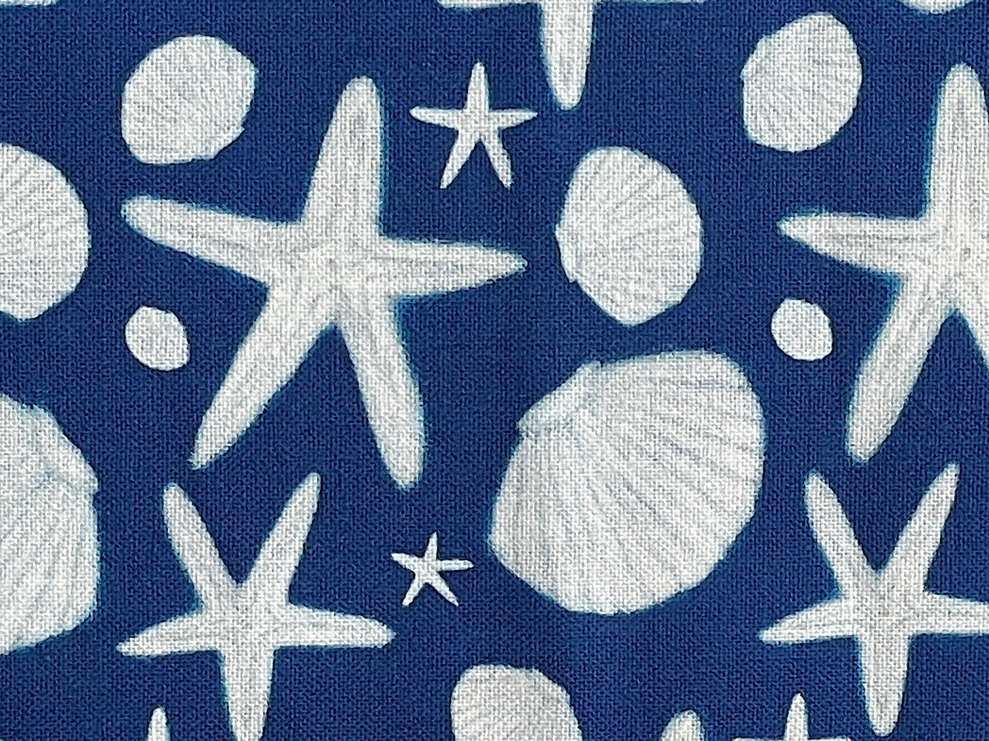 Close up of white seashells and starfish on a blue background.