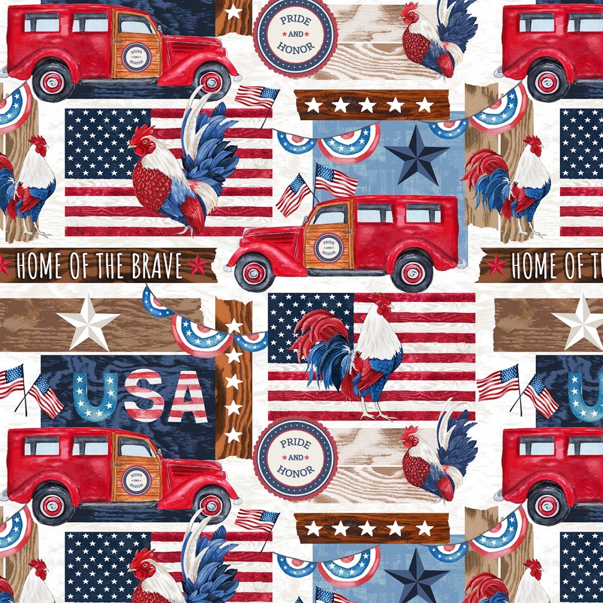 Close up of red, white and blue roosters, red trucks, USA flags and more.