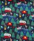 Blue cotton fabric covered with travel trailers, boats, guitars, chairs, campfires and trees.