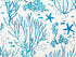 Close up of blue coral on white cotton fabric.