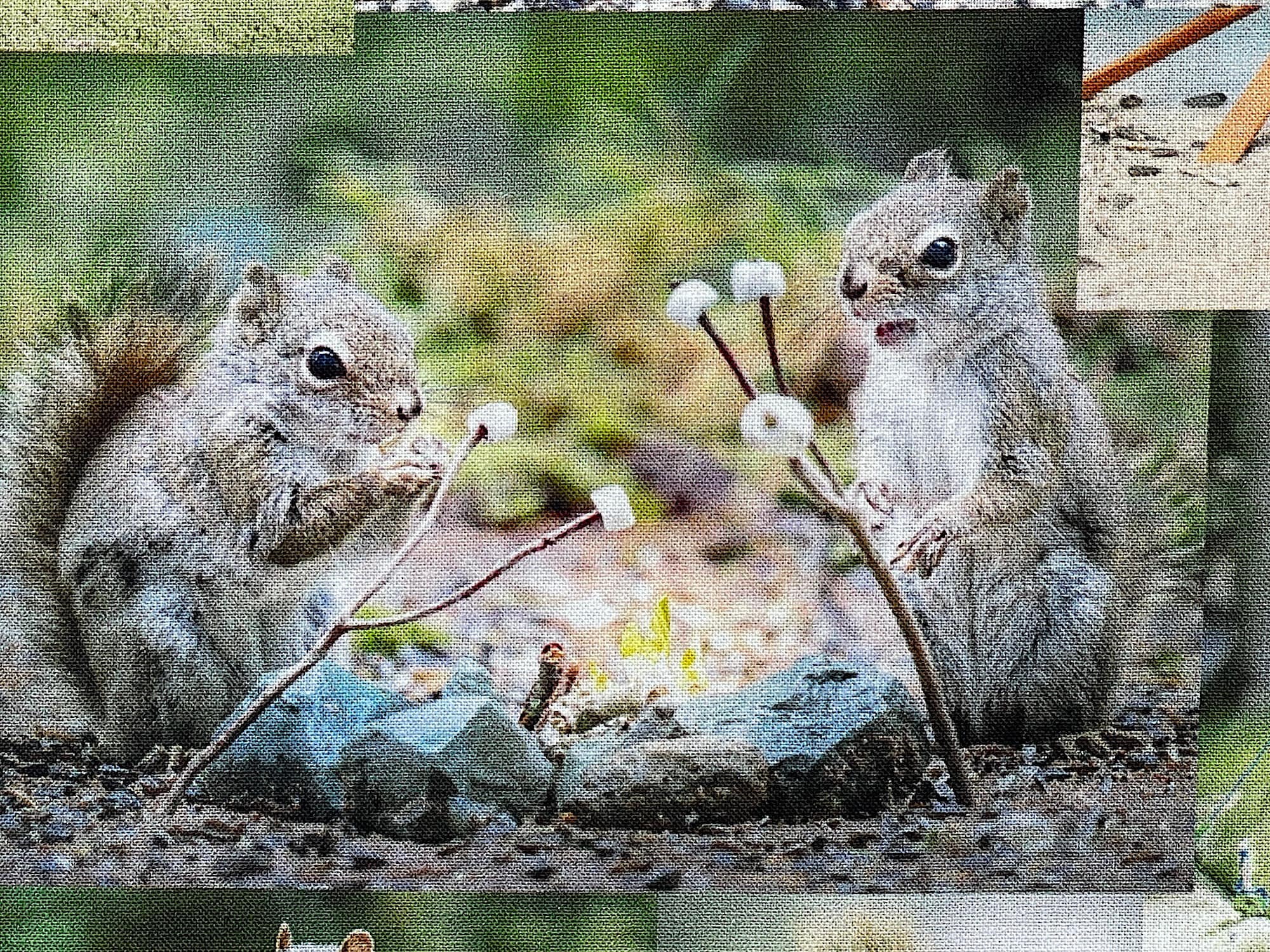 Two squirrels roasting marshmallows.