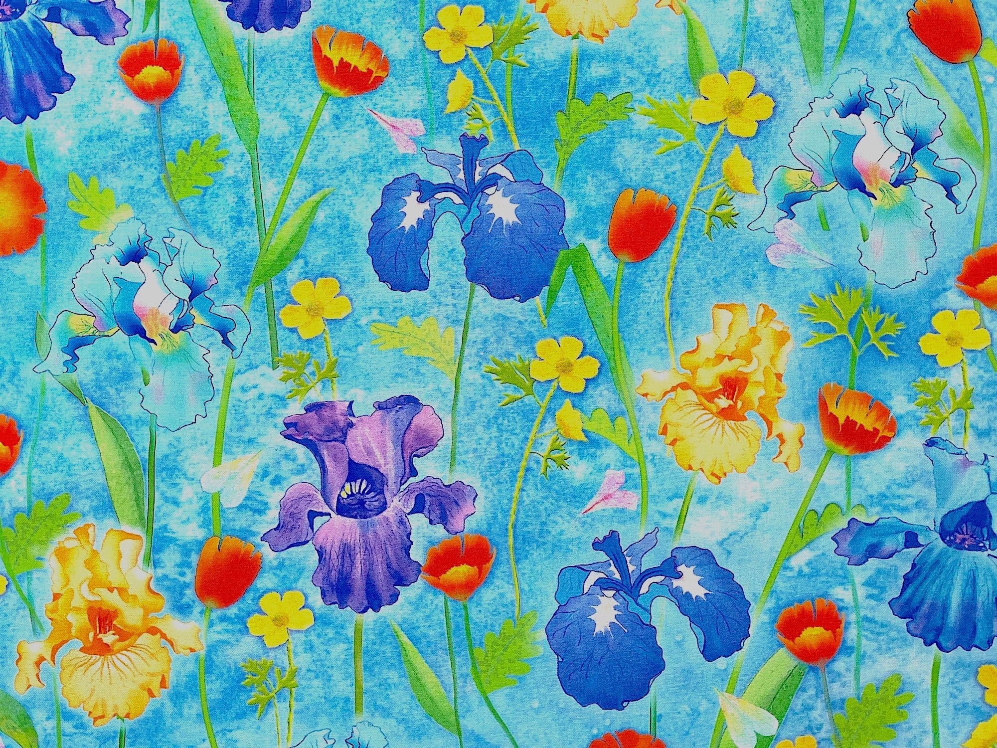 Aqua fabric covered with blue, yellow and purple iris and poppies.
