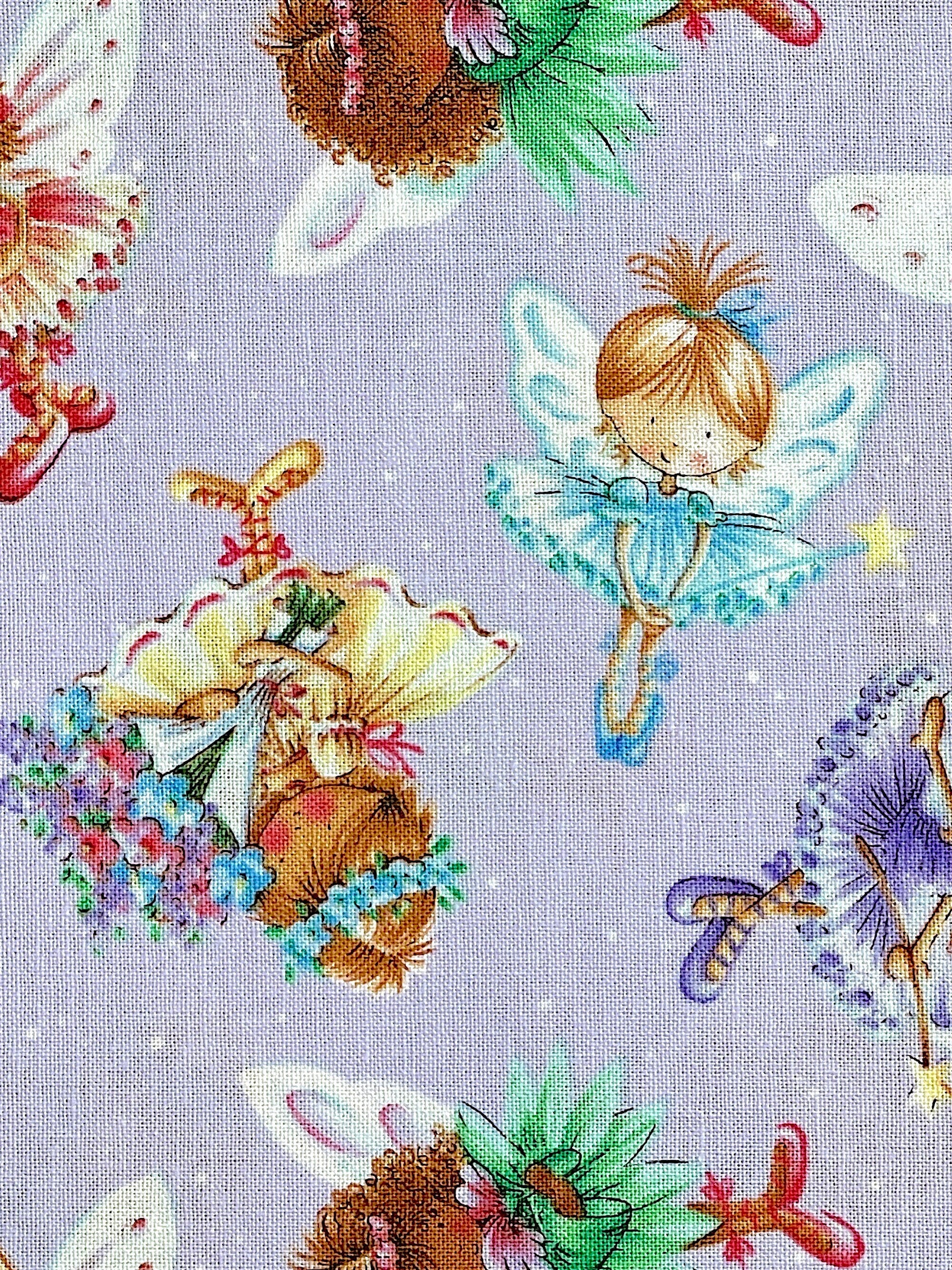 Close up of fairies with blue and yellow dresses.