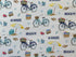 This fabric is part of the Beach Time collection by P&B Textiles. This cream fabric is covered with bicycles, beach umbrellas, beach balls, tote bags, coolers and more. There are Beach and Waves signs throughout the fabric. This fabric was designed by James Wiens