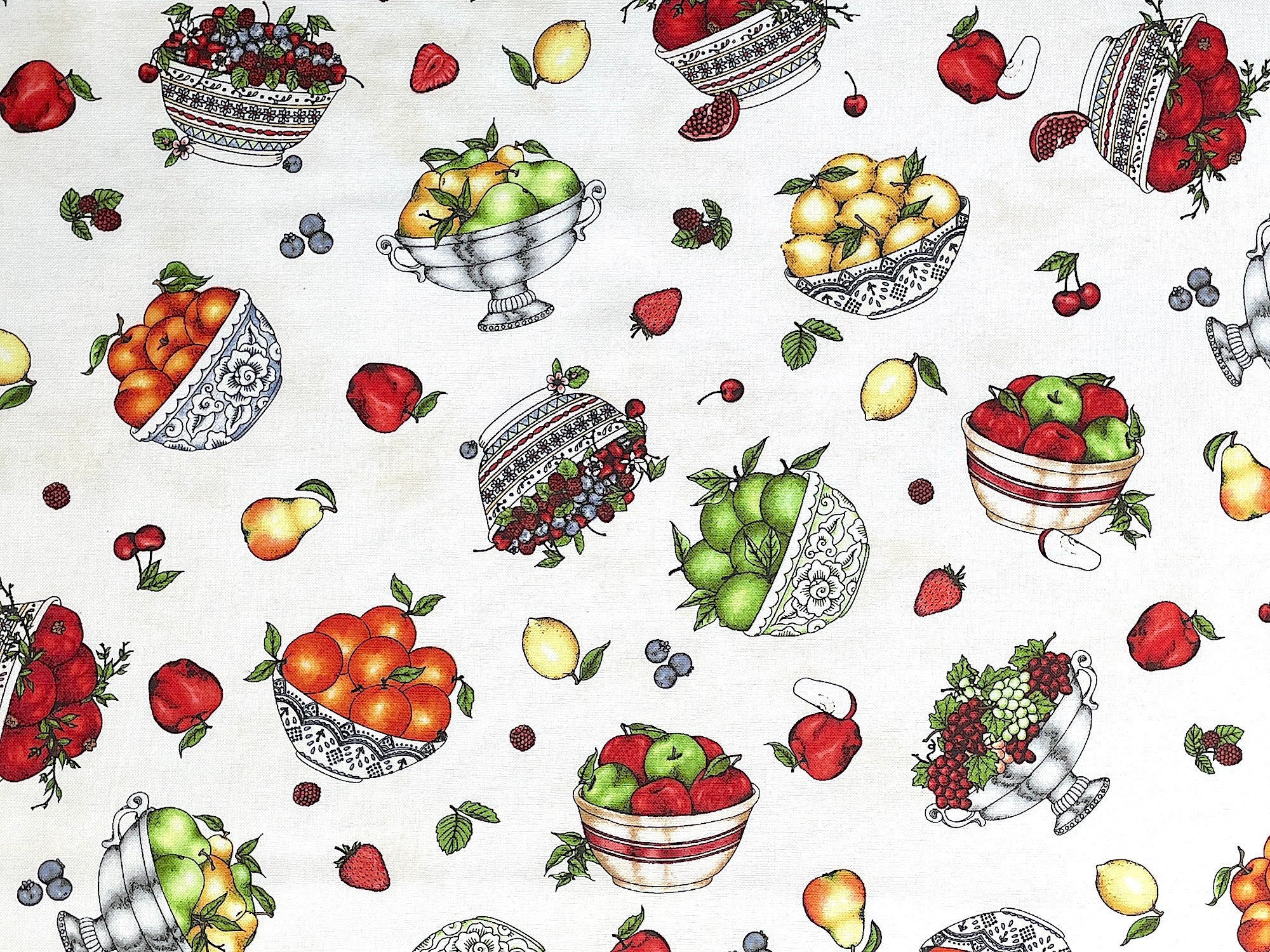 This fabric is part of the Fancy Fruit collection by Kris Lammers. This white cotton fabric is covered with bowls of pears, apples, peaches and cherries.
