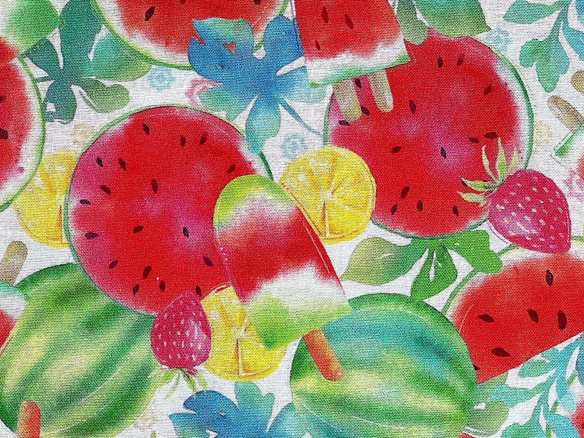 Close up of watermelons, popsicles and strawberries.