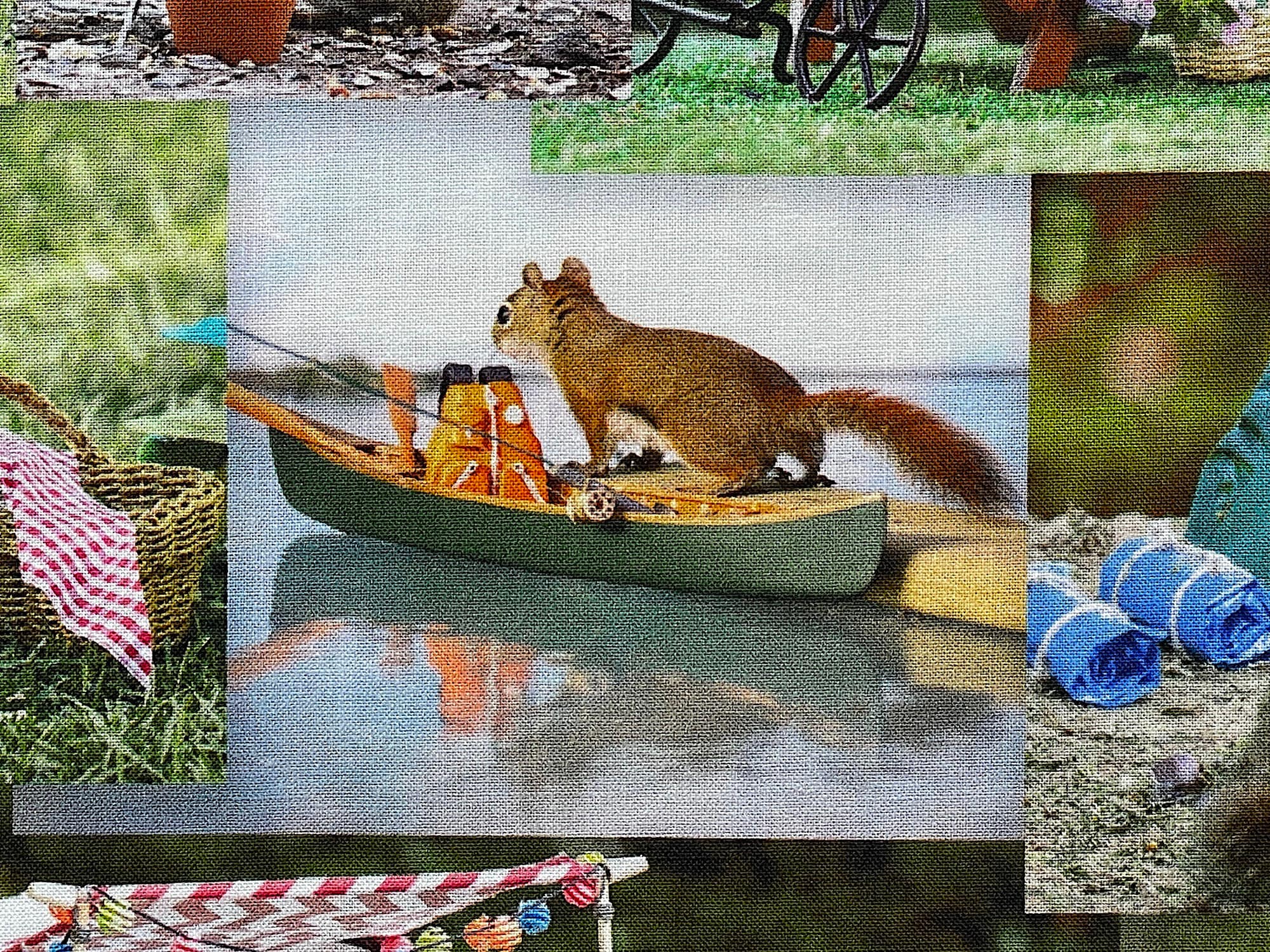 Close up of a squirrel by a canoe.