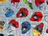 This fabric is part of the Hat Trick collection by Kanvas Studio. This blue cotton fabric is covered with red, blue yellow and green hockey helmets. The background is covered with hockey sayings such as hat, helmet, sniper, goal skate and more.