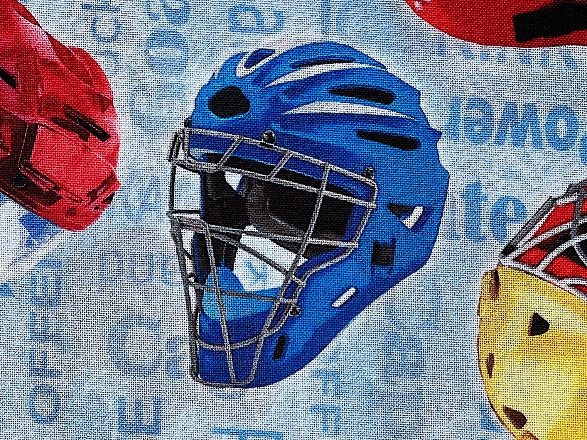 Close up of a blue helmet.