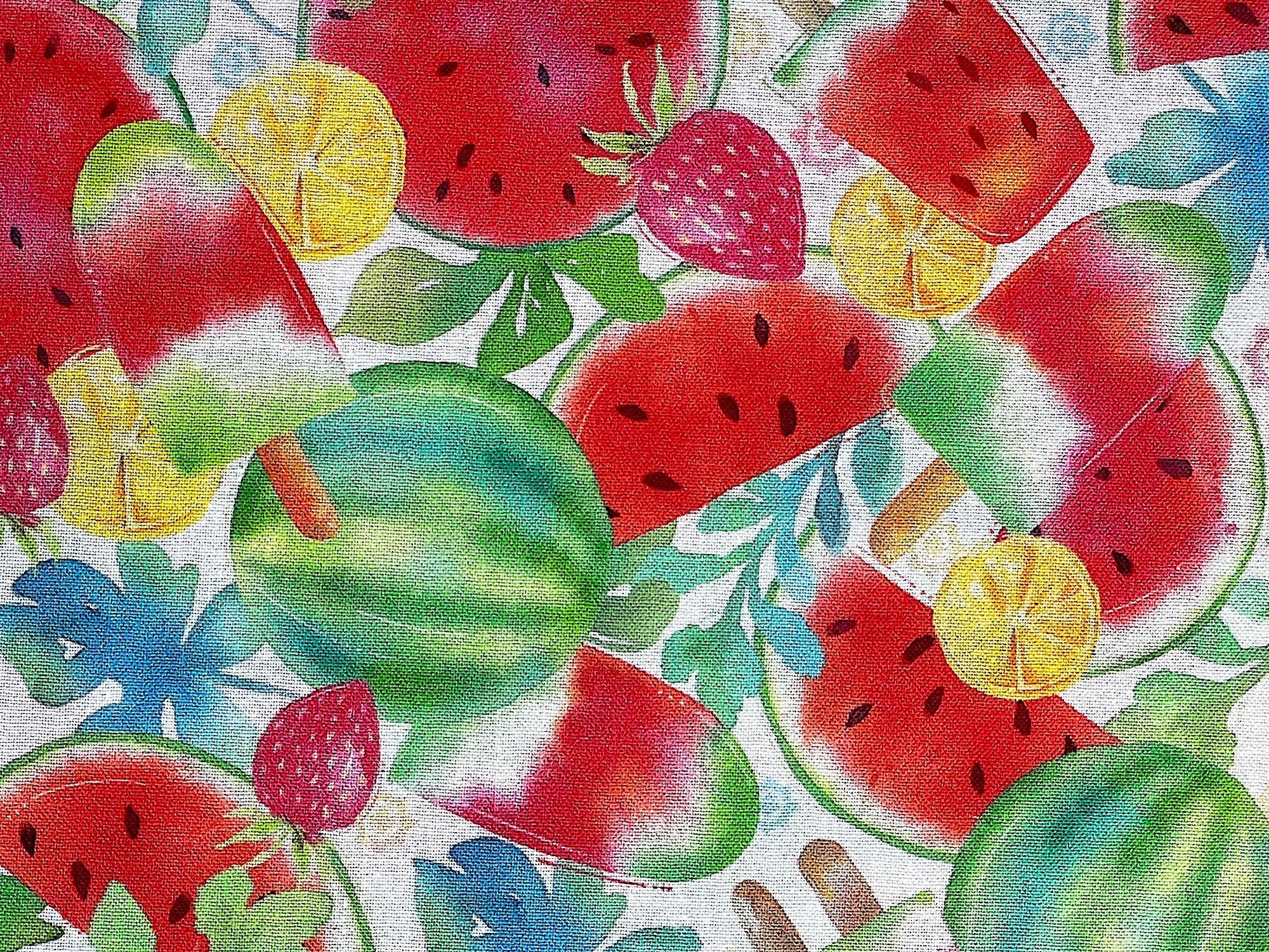 Close up of watermelon, strawberries, lemons and popsicles.