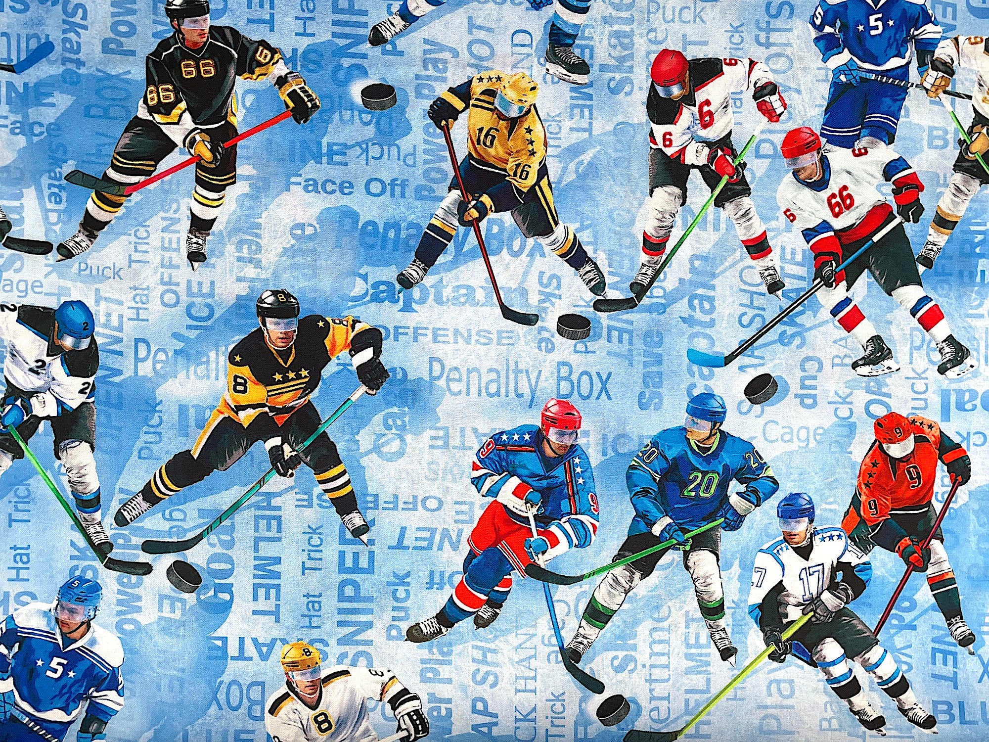 This fabric is part of the Hat Trick collection by Kanvas Studio. This light blue cotton fabric is covered with hockey players. The background is covered with hockey sayings such as hat, helmet, sniper, goal skate and more.