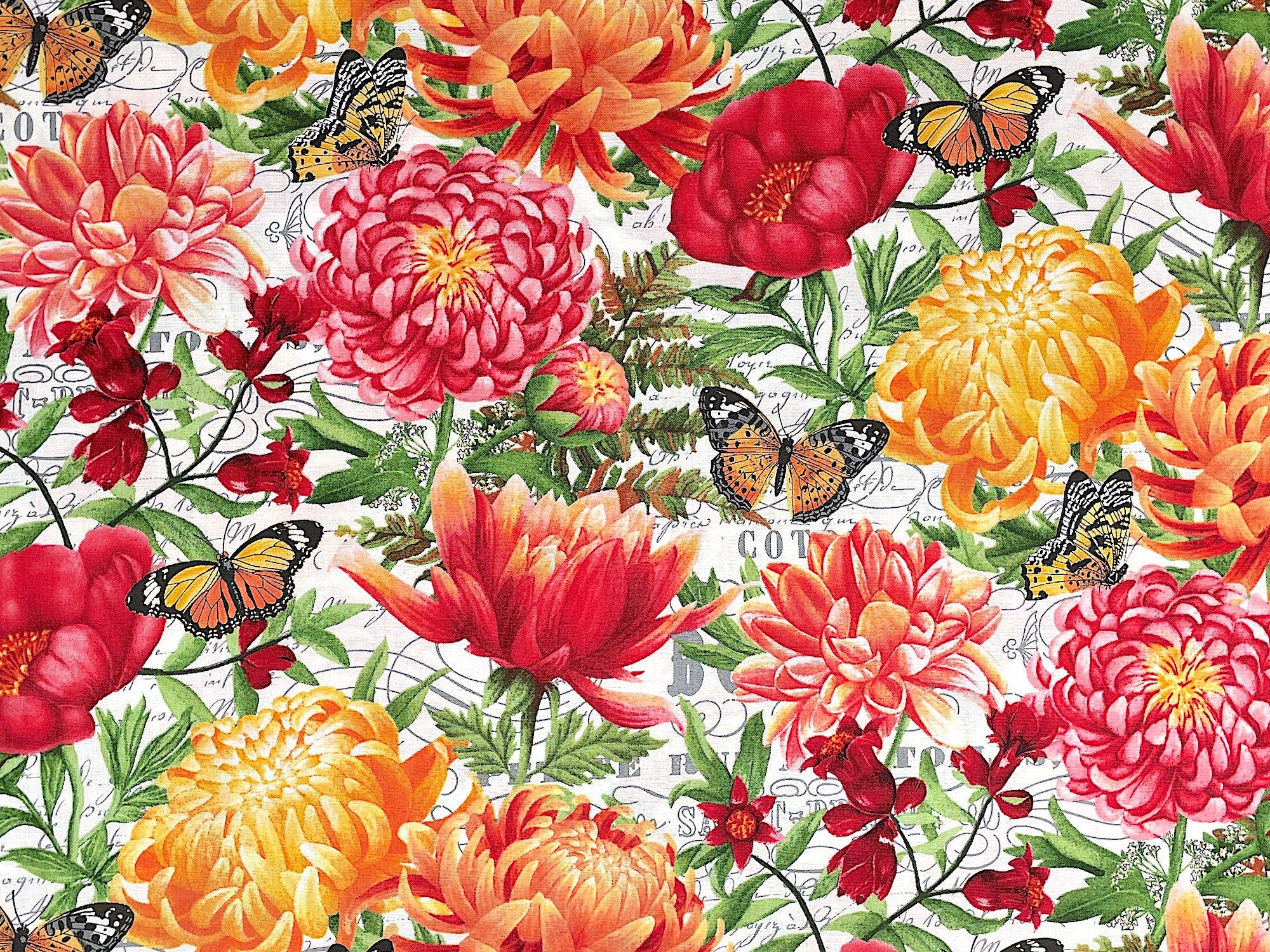 This fabric is part of the Morning Blossom collection by Michel Design Works. This off white cotton fabric is covered with dahlias, peonies, ferns and mums. You will also find yellow butterflies throughout 