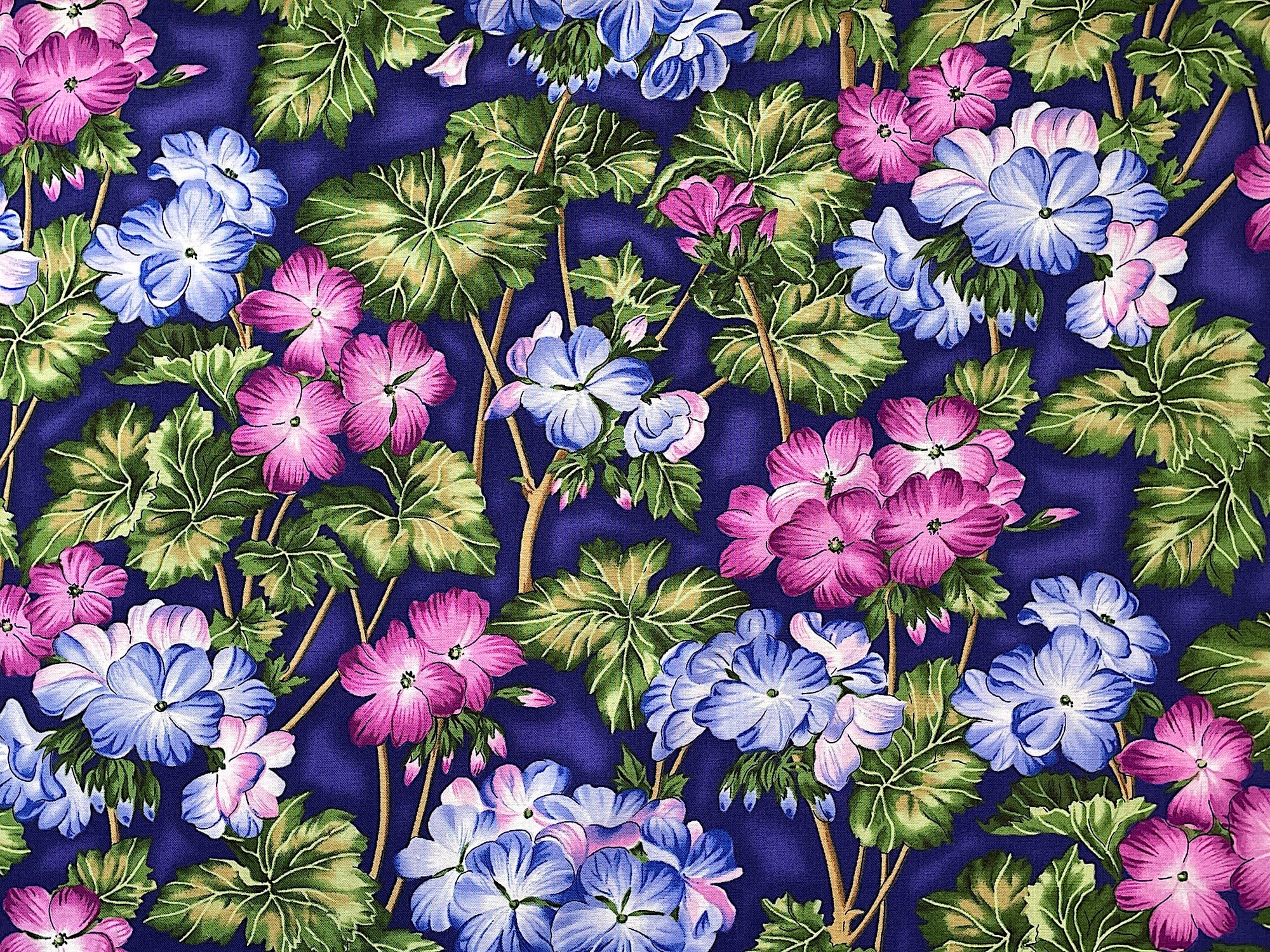 This cotton fabric is called Geraniums Fuchsia Cobalt and is covered with lavender and blue geraniums and green leaves. This fabric is part of the Flower Festival 2 collection by Benartex.