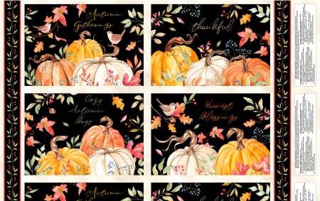 This fabric is sold by the panel. Each panel has 2 placemats (front and back). Each placemat is approximately 11"x16". Each panel is 24". Each placemat has Pumpkins and leaves and birds. Autumn Gatherings and Cozy Autumn are also printed on each placemat.