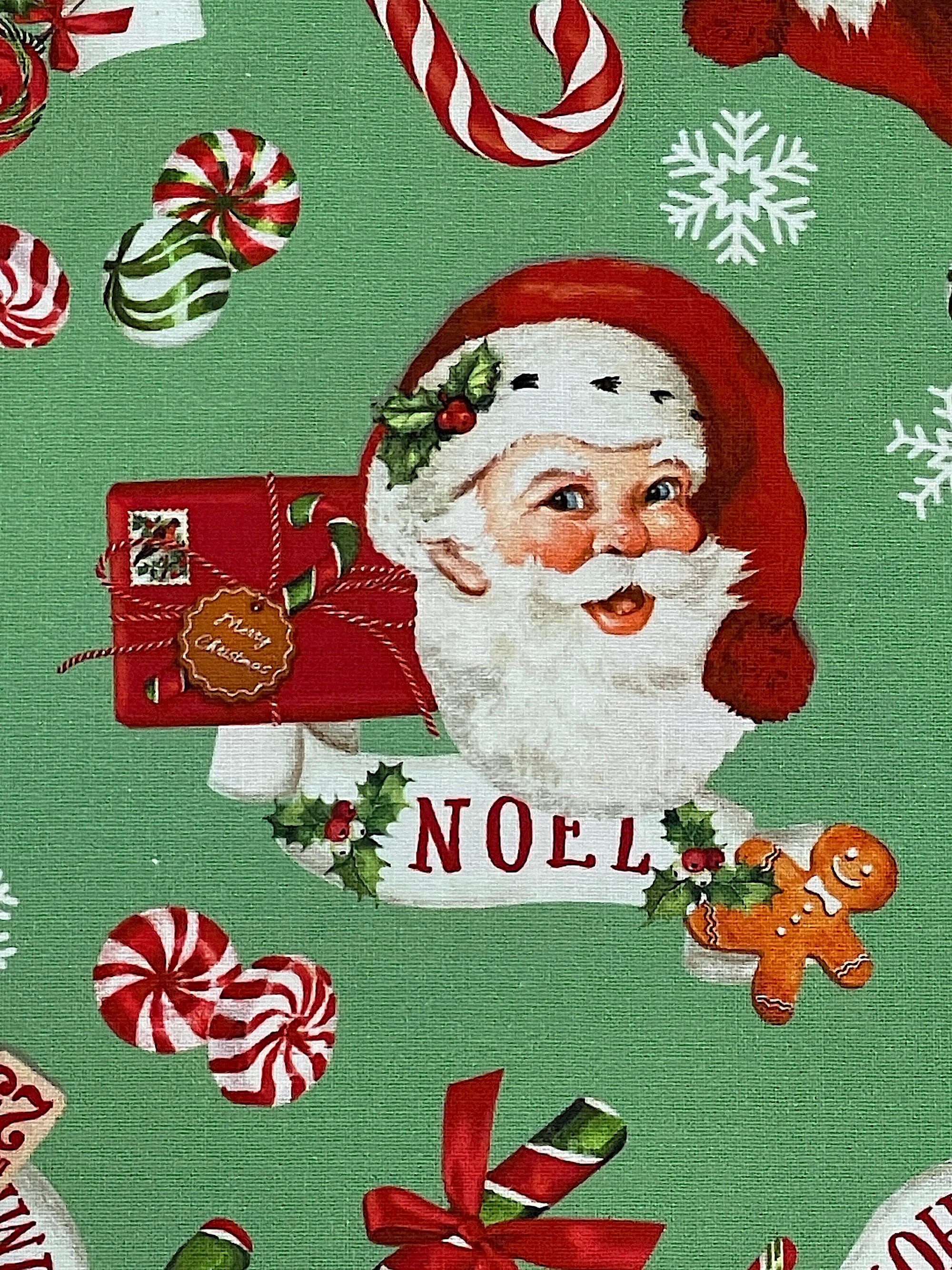 Close up of Santa Claus, candy, gingerbread man and snowflakes.