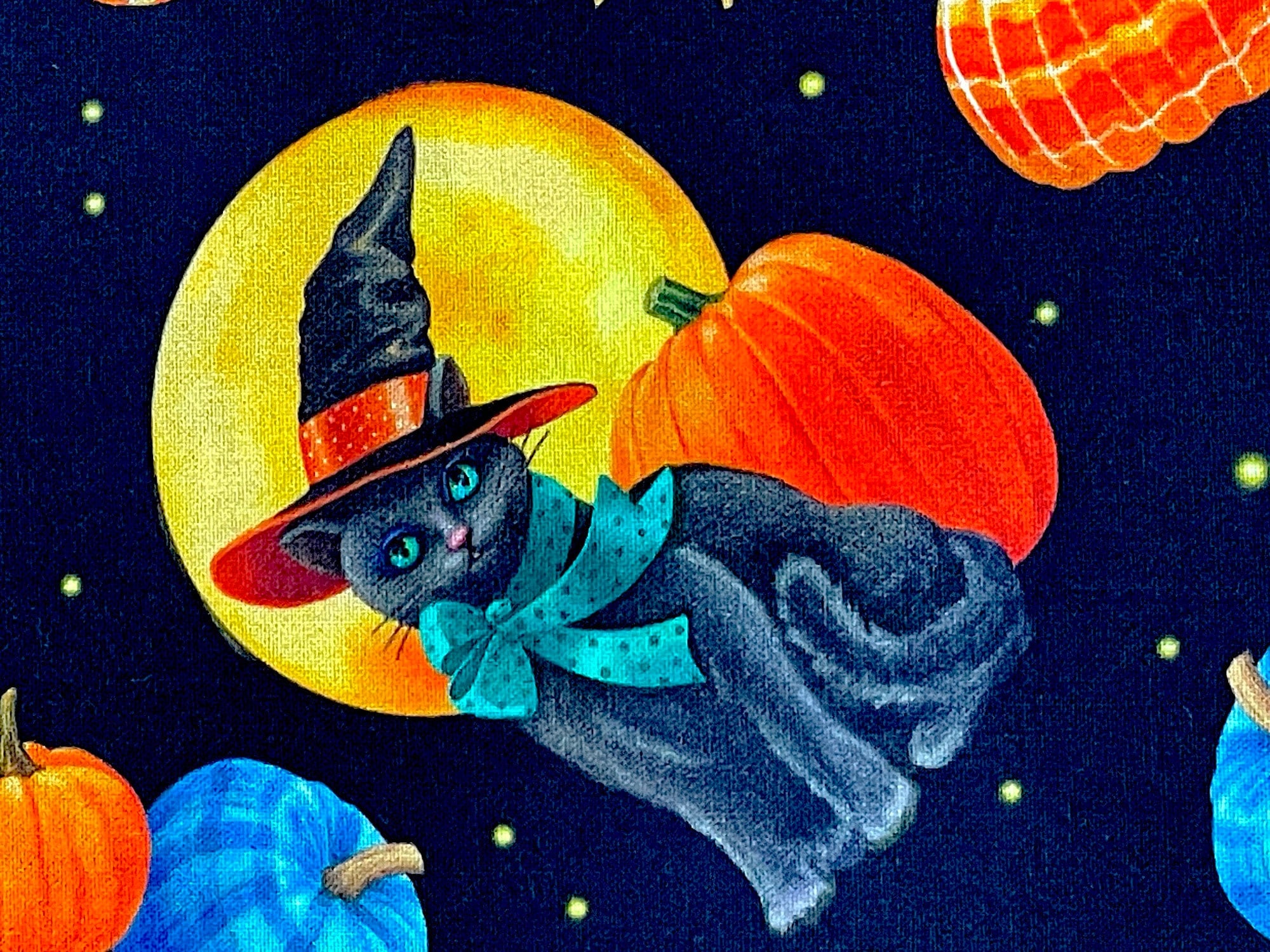 Close up of a black cat sitting in front of a pumpkin and a full moon.