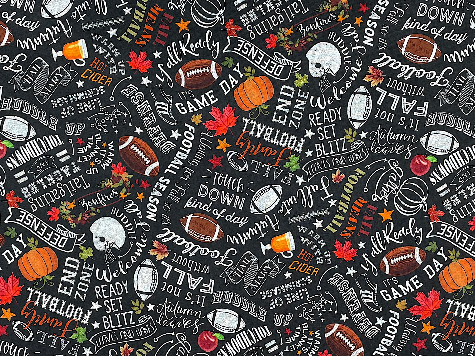 This fall fabric is covered with footballs, leaves, helmets, shoes pumpkins and more. You will also find fall sayings such as fall, line of scrimmage, huddle up, end zone, touchdowns and more. The background is black.