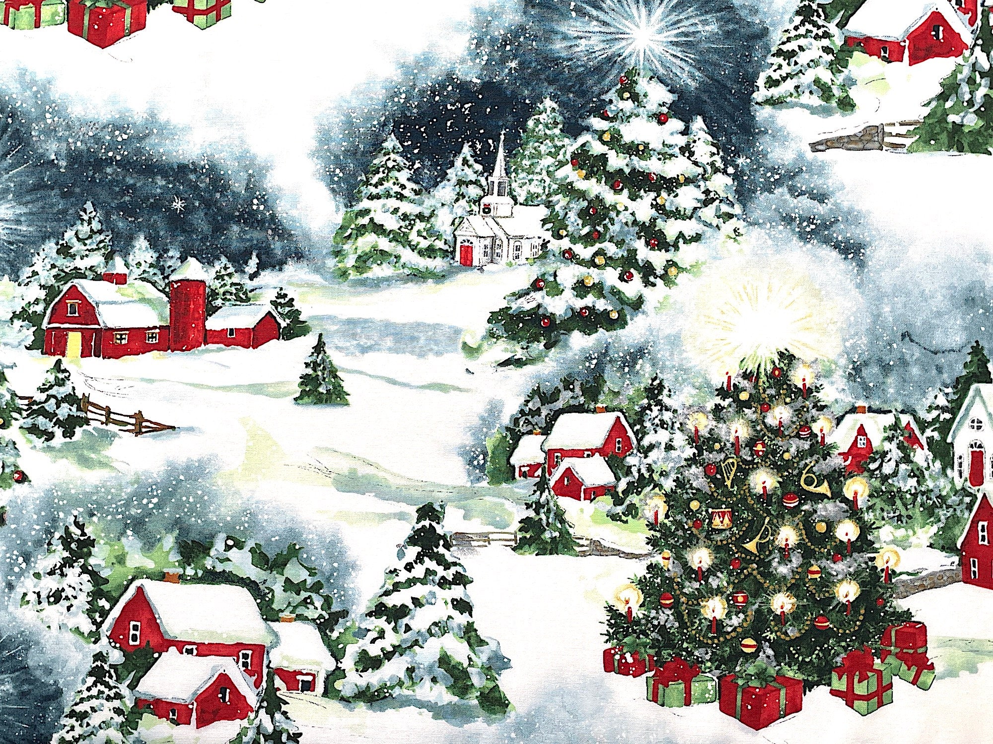 This cotton fabric is called Multi Winter Hollow Scenic. This snow covered fabric is covered with Christmas trees surrounded by presents, and various buildings.