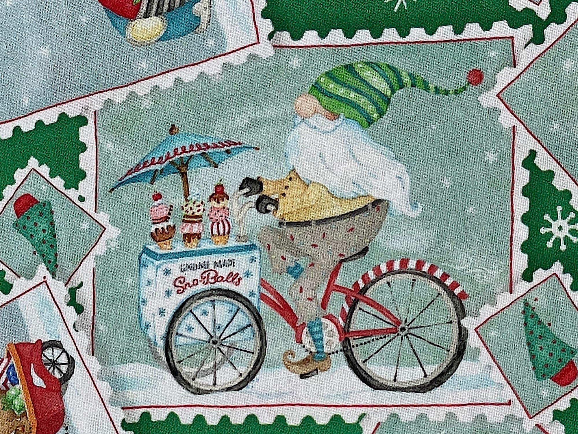 Santa gnome riding a ice cream bike.