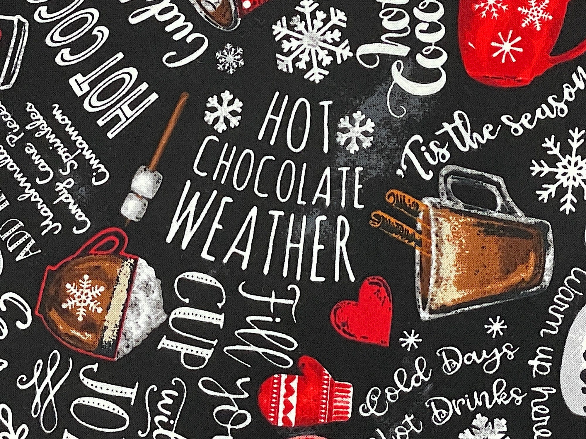 Close up of hot cocoa and sayings such as hot chocolate weather.