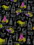 This fabric is part of the Life Happens collection. This black fabric is covered with bunches of grapes, bottles and glasses of wine and corkscrews. You will also find Pinot Grigio, Merlot, Shiraz and Chardonnay printed throughout the fabric.