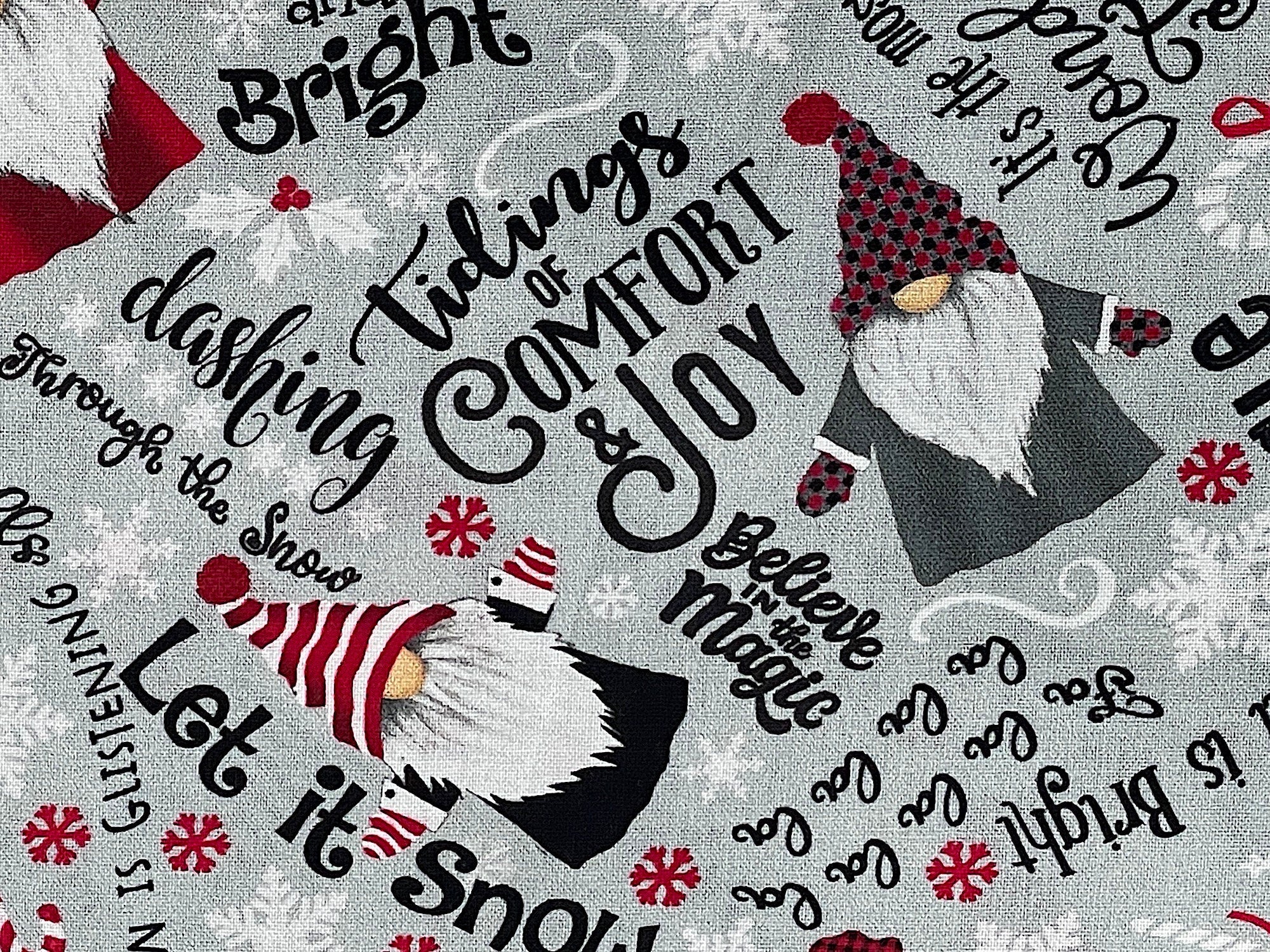 Close up of gnomes and sayings such as tidings of comfort & joy, believe in magic and more.
