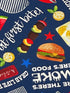 Close up of a hamburger, kabob, lemon, stars and more.