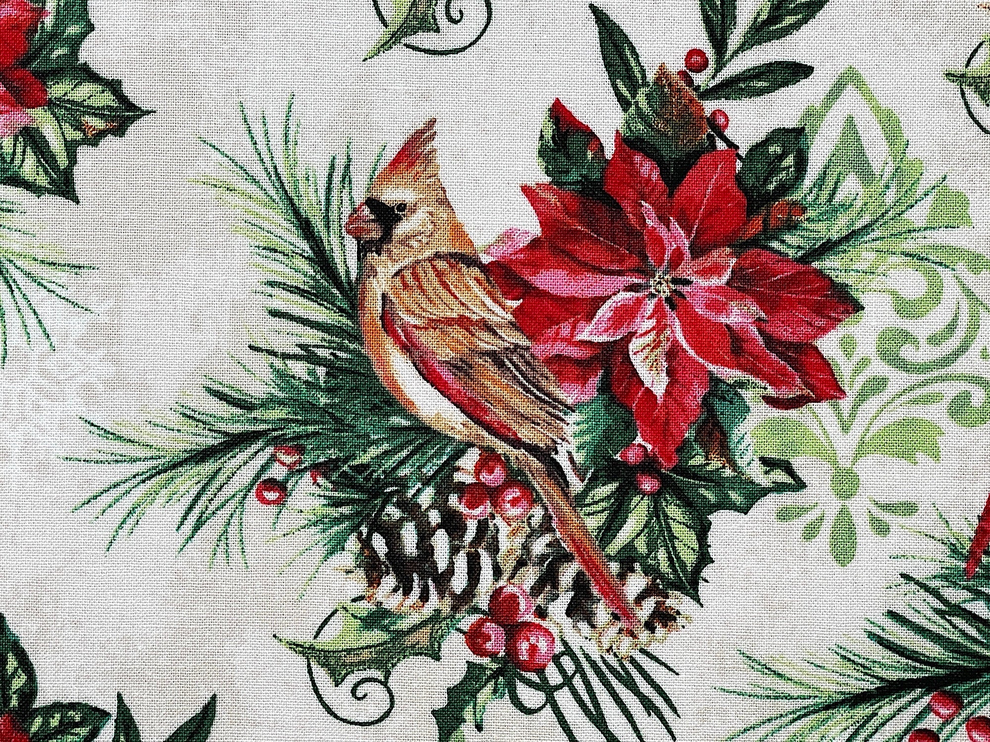 Close up of a bird sitting on a branch with  a poinsettia, pine cone, berries, leaves and more.