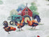 Close up of roosters in front of a green tractor and red barn.